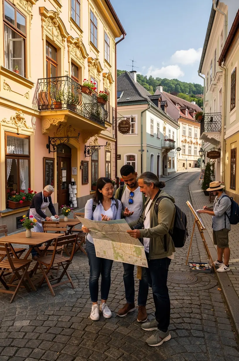 Turista prechádzajúci sa po dláždenej ulici s výhľadom na renesančné a barokové stavby.